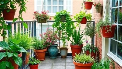 A vibrant and lush urban garden scene showcasing a balcony or patio transformed into a green oasis with potted plants, hanging baskets, and a small vegetable patch, creating a cozy and inviting outdoor retreat within a city setting.