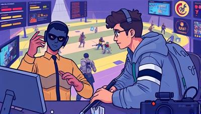 An illustration of a mentor guiding a gamer through a virtual battlefield, providing strategic advice and real-time gameplay tips, capturing the essence of personalized mentorship and skill development in gaming.