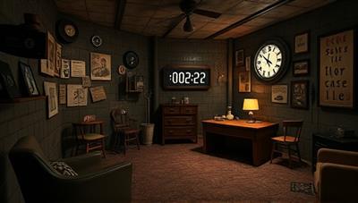 An immersive digital escape room scene featuring intricate puzzles, mysterious clues, and a countdown timer, creating a sense of urgency and excitement for players navigating through the challenges.