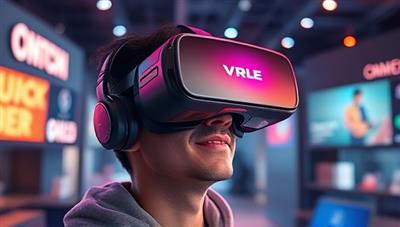 An artistic rendering of a user wearing a VR headset, fully immersed in a virtual environment where branded products and interactive elements are seamlessly integrated, conveying the immersive nature of VR ads.