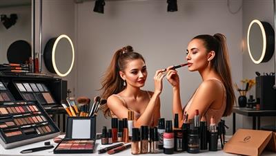 A virtual makeup masterclass setup with a professional makeup artist demonstrating techniques on a model, surrounded by a variety of makeup products, brushes, and tools, radiating creativity and expertise in makeup artistry.