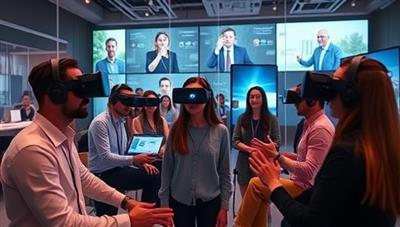 An engaging virtual reality scene showing people in different locations interacting in a shared virtual space, with digital avatars representing users engaged in a virtual meeting or event, highlighting the immersive and futuristic communication experience.