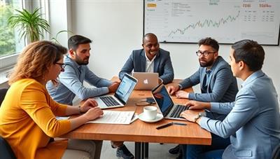 A group of diverse individuals sitting around a table with laptops and financial charts, engaged in a lively discussion about investment opportunities, showcasing collaboration and shared learning in the InvestTogether club.