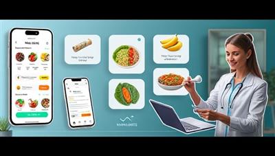 An innovative digital visualization showcasing a user interacting with the NutriGenie Pro app interface, exploring recipes, tracking meal intake, receiving nutritional tips, and engaging in a virtual consultation with a nutrition expert, illustrating a seamless and personalized nutrition experience.