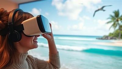 A user experiencing a virtual reality travel simulation, wearing a VR headset and exploring a lifelike digital representation of a tropical beach, complete with sounds of waves and seagulls, providing a sense of escape and adventure.