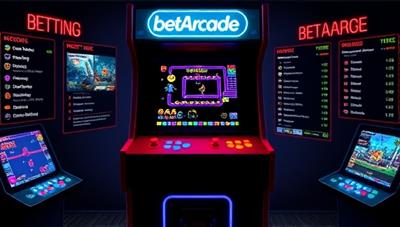 An artistic rendition of a retro arcade cabinet with glowing buttons and a screen displaying classic games like Pac-Man and Space Invaders, surrounded by digital betting options and leaderboards, capturing the nostalgic and competitive essence of BetArcade's retro arcade betting platform.