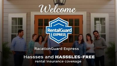 An inviting vacation rental setting with a welcome sign featuring the RentalGuard Express logo, surrounded by happy guests and a host, symbolizing secure and hassle-free rental insurance coverage.