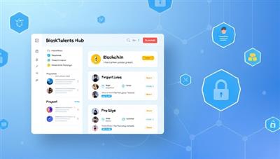 An innovative visual representation of the BlockTalents Hub platform interface, showcasing blockchain verification features, freelancer profiles, project listings, and secure payment options, symbolizing a transparent and efficient freelance marketplace powered by blockchain technology.