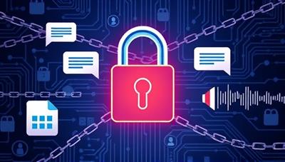 An illustration of a digital lock symbolizing secure communication, with blockchain chains wrapping around messaging bubbles, files, and voice waves, conveying the concept of encrypted and tamper-proof communication provided by BlockSafe Comm.