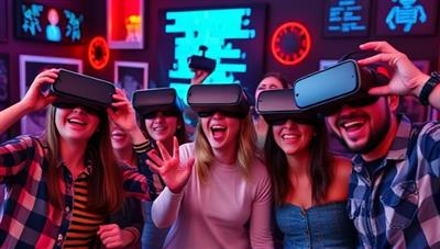 A group of friends wearing VR headsets, immersed in a virtual escape room scenario filled with digital puzzles and challenges, showcasing excitement and engagement.