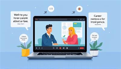 An engaging visual of a virtual mentorship session taking place on the platform, with a mentor and mentee having a discussion via video call, surrounded by virtual career resources and inspirational quotes, symbolizing guidance and growth in career development.