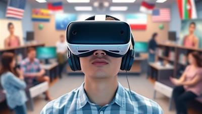 An individual wearing a VR headset, surrounded by virtual language learning environments, interacting with digital characters and practicing conversations in a foreign language, illustrating the immersive and engaging nature of LingoLeap.