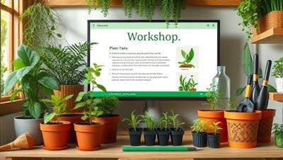 An online gardening workshop scene featuring a cozy indoor garden setup with potted plants, gardening tools, seedlings, and a digital screen displaying plant care instructions and gardening tips, creating a green oasis for virtual learning and plant enthusiasts.