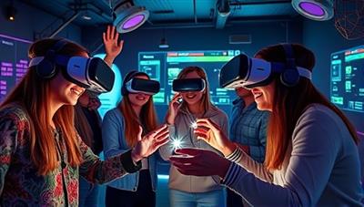 An immersive visual of a group of friends wearing VR headsets, enthusiastically working together to solve a digital puzzle in a virtual room filled with interactive elements and hidden clues.