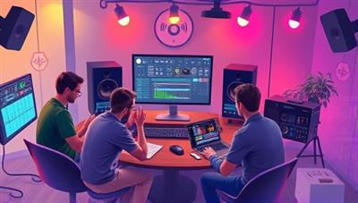 An artistic rendering of a virtual music production workshop with participants collaborating on a music project, experimenting with digital music tools, and receiving feedback from industry professionals, capturing the creative and collaborative essence of the music production school.
