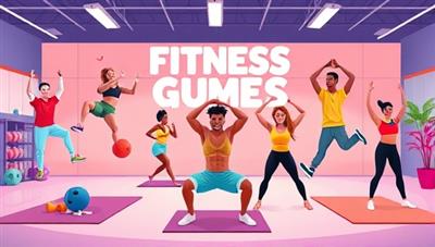 An energetic digital illustration depicting virtual fitness challenges with diverse participants engaging in exercises like jumping jacks, push-ups, and yoga poses, set against a backdrop of a virtual gym environment, promoting a fun and active lifestyle.