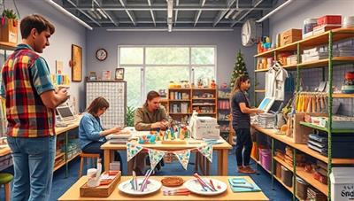 An artistic scene featuring a virtual craft workshop with participants engaged in various crafting activities, surrounded by colorful craft supplies and tools, capturing the essence of creativity and community connection within the CraftMingle Workshop marketplace.