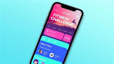 A smartphone displaying a virtual fitness challenge app interface with vibrant workout graphics, progress tracking features, and social sharing options, inspiring users to stay active and connected.