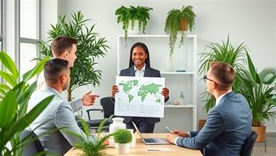 An office setting with a consultant presenting a sustainability report to a diverse group of business executives, surrounded by green plants and eco-friendly office decor, symbolizing sustainable accounting practices and environmental responsibility.