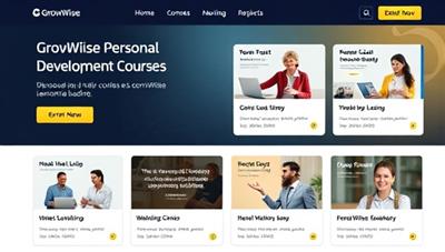 An online learning platform interface showcasing a variety of personal development courses available for enrollment, with engaging visuals, course descriptions, and learner testimonials, conveying a professional and dynamic educational experience at GrowWise Academy.