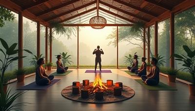 A serene visual of a virtual oasis with a calming yoga studio, tranquil nature sounds, participants in various yoga poses, and a virtual bonfire circle for mindfulness discussions, creating a sense of relaxation and inner peace in a virtual world.
