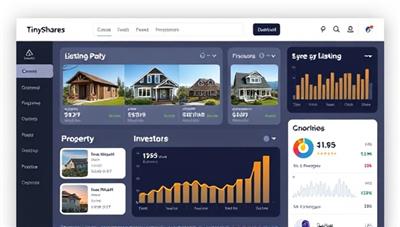 An interface mockup of the TinyShares platform showing investors' dashboard with property listings, investment portfolios, and real-time performance analytics, reflecting simplicity, accessibility, and transparency in real estate micro-investing.