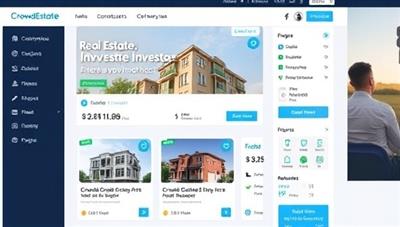 An online platform interface showcasing various real estate investment opportunities on CrowdEstate Invest, with investors browsing projects, analyzing returns, and contributing funds, illustrating the simplicity and accessibility of real estate crowdfunding.