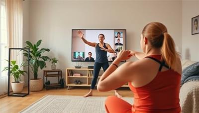 An engaging visual of a virtual fitness coach guiding a user through an exercise routine via a video call, with a diverse group of participants joining the interactive workout session from their homes, showcasing the platform's inclusivity and interactive nature.