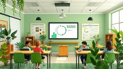 An eco-friendly virtual classroom environment with greenery, renewable energy displays, and sustainability infographics, where participants engage in discussions on environmental topics, share ideas for eco-friendly practices, and collaborate on sustainability projects, fostering a community of changemakers.