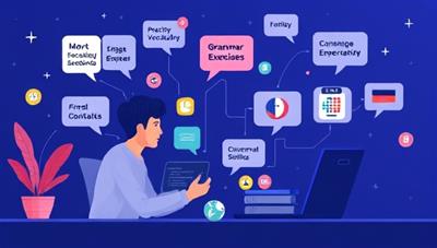 An engaging digital illustration showing a user engaging with the LingoBoost AI platform, practicing vocabulary, grammar exercises, and conversational skills in multiple languages with interactive feedback and gamified learning elements, highlighting the effective and personalized language learning experience provided by the platform.