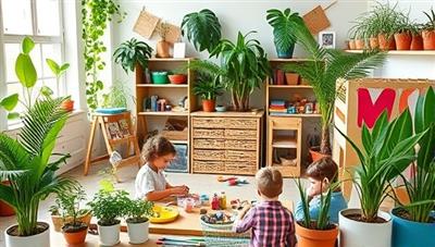 A colorful workshop room filled with kids crafting with recycled materials, surrounded by potted plants and eco-friendly art supplies, creating a vibrant and sustainable learning environment.