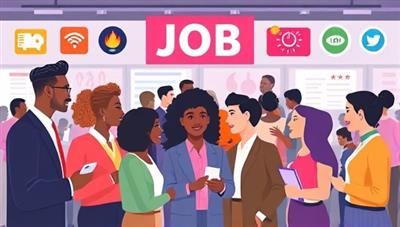 An illustration showcasing a diverse group of professionals with different cultural backgrounds and identities, networking and engaging in a virtual job fair environment, with vibrant colors and inclusive symbols representing unity and equality, reflecting the platform's commitment to diversity recruitment.