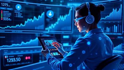 A futuristic digital artwork showcasing a user engaging with the WealthWise AI platform on a tablet, receiving personalized financial advice and investment recommendations, surrounded by virtual financial charts and growth projections, indicating financial empowerment and intelligence.