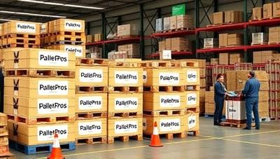 A warehouse scene showcasing pallets neatly stacked and labeled with the PalletPros logo, ready for delivery to customers, with a diverse team of workers efficiently managing pallet inventory and distribution, symbolizing convenience and sustainability in pallet management services.