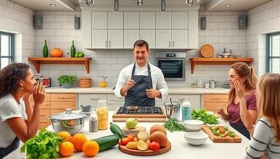 An appetizing visual of a virtual kitchen studio with a professional chef showcasing culinary techniques, fresh ingredients, and cooking equipment, surrounded by enthusiastic participants following along and interacting in a lively and interactive online cooking class at CookCraft Academy.