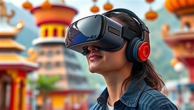 An individual wearing a VR headset exploring a vibrant and culturally rich virtual destination, surrounded by immersive visuals and interactive elements, highlighting the transformative and engaging virtual travel experiences offered by VirtuaExplore.