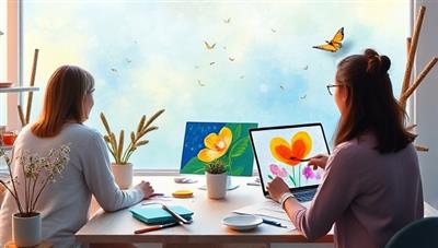 A serene and comforting virtual art therapy session setting with participants immersed in creating art pieces on their screens, guided by a compassionate therapist, surrounded by soothing colors and nature elements, evoking a peaceful and healing atmosphere for emotional expression.