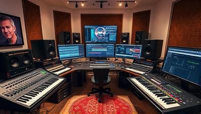 A virtual music studio setup featuring professional audio equipment, MIDI controllers, sound mixing consoles, and creative workstations, evoking a modern and dynamic music production environment in a digital space.