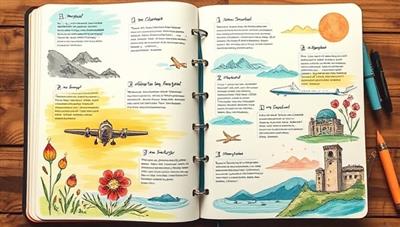 An artistic and serene travel journal spread with hand-drawn illustrations, thoughtful reflections, and vibrant colors, evoking a sense of mindfulness, creativity, and self-exploration inspired by MindfulJourneys Journal.