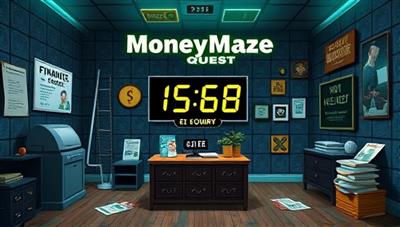 An exciting game scene from MoneyMaze Quest featuring a virtual escape room setting with financial puzzles, interactive challenges, and a countdown timer, immersing players in a thrilling and educational gaming experience that combines fun and finance.