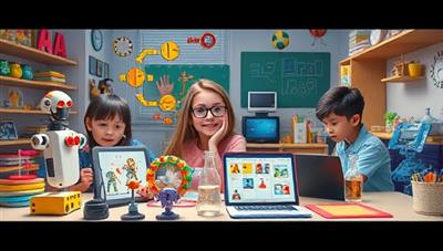 An imaginative workshop scene with kids virtually building robots, conducting science experiments, and coding together, surrounded by colorful educational materials and digital devices, fostering a sense of creativity and exploration.