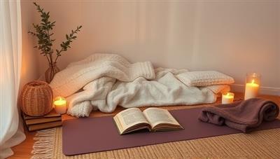 A serene and tranquil setting with a cozy reading nook, soft blankets, scented candles, a yoga mat, and a journal, creating a peaceful ambiance for relaxation and mindfulness practice.