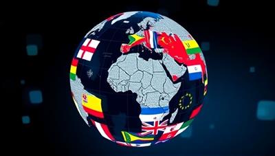 A digital globe showcasing diverse flags and languages intertwined, symbolizing the interconnectedness of global languages and the cultural exchange facilitated by LingoLink Exchange, fostering language learning and cross-cultural connections.