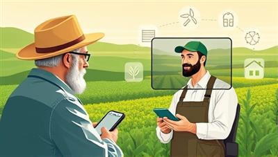 An engaging digital illustration of a farmer consulting with an agricultural expert via a video call, with a virtual farm backdrop and icons representing different agricultural practices, symbolizing the convenience and expertise of the virtual agricultural consultancy platform.