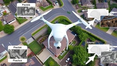 An aerial view captured by a drone showing a residential neighborhood with detailed property inspections, annotated areas highlighting roof conditions, landscaping features, and structural elements, demonstrating the precision and comprehensive coverage of drone property inspection services.