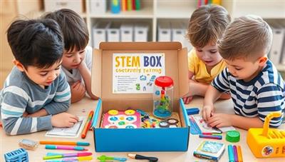 An engaging visual of children assembling a STEM project from one of the boxes, surrounded by colorful educational materials and tools, highlighting the hands-on and interactive nature of the learning experience.