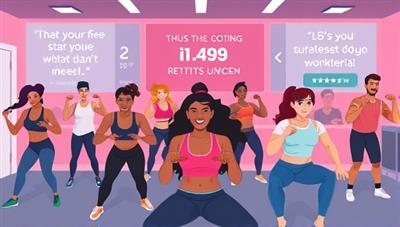 A digital illustration of a diverse group of people working out together in a virtual fitness session, with motivational quotes and fitness metrics displayed on the screen, creating a sense of community and progress.