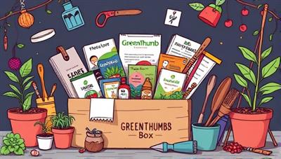 An illustration of a vibrant and diverse subscription box filled with agri-tech gadgets, seeds, educational materials, and gardening tools, inviting viewers to explore the world of urban gardening through GreenThumb Box.