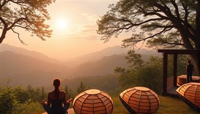 A serene virtual retreat setting with lush nature scenery, calming sounds, and virtual wellness instructors guiding participants through meditation sessions, yoga poses, and relaxation techniques, creating a tranquil and immersive wellness experience that promotes self-care and renewal.