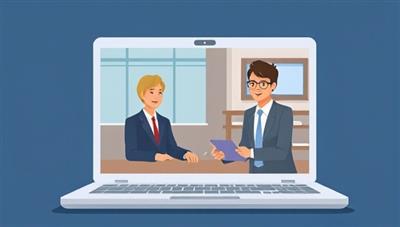An illustration of a laptop screen showing a virtual legal consultation in progress between a client and a lawyer, displaying professionalism and modernity in legal services.